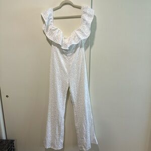 Line & Dot White Ruffle Eyelet Off the Shoulder Jumpsuit
